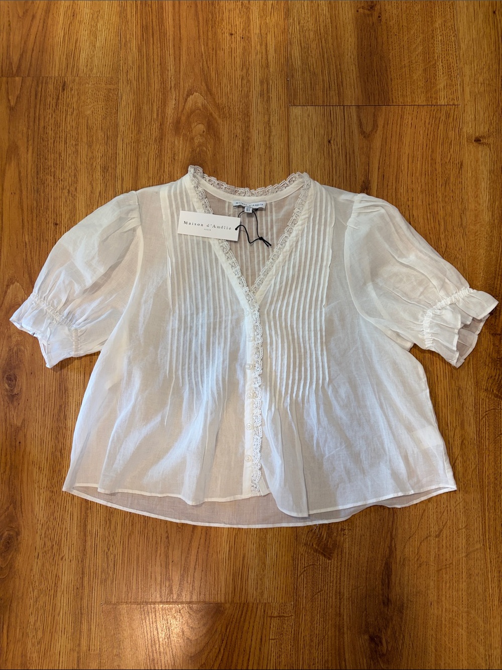 Maison d'Anelie White Lace-Trim Pintuck Blouse